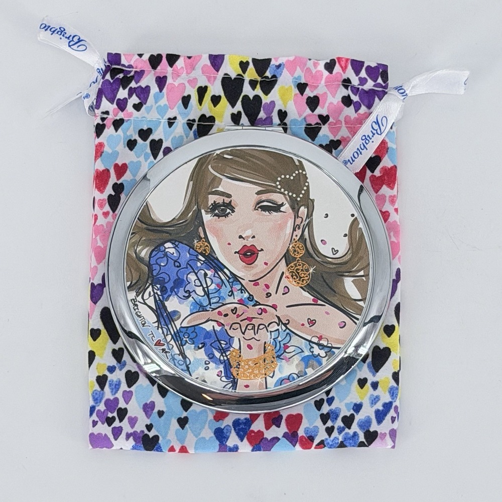 Brighton Cover Girl Compact Mirror 4.5" Round 5X Magnifying Travel With Pouch